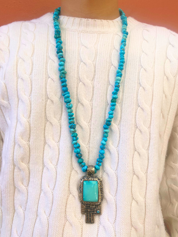 Turquoise Beaded Necklace with Sterling Silver Hummingbird Pendant