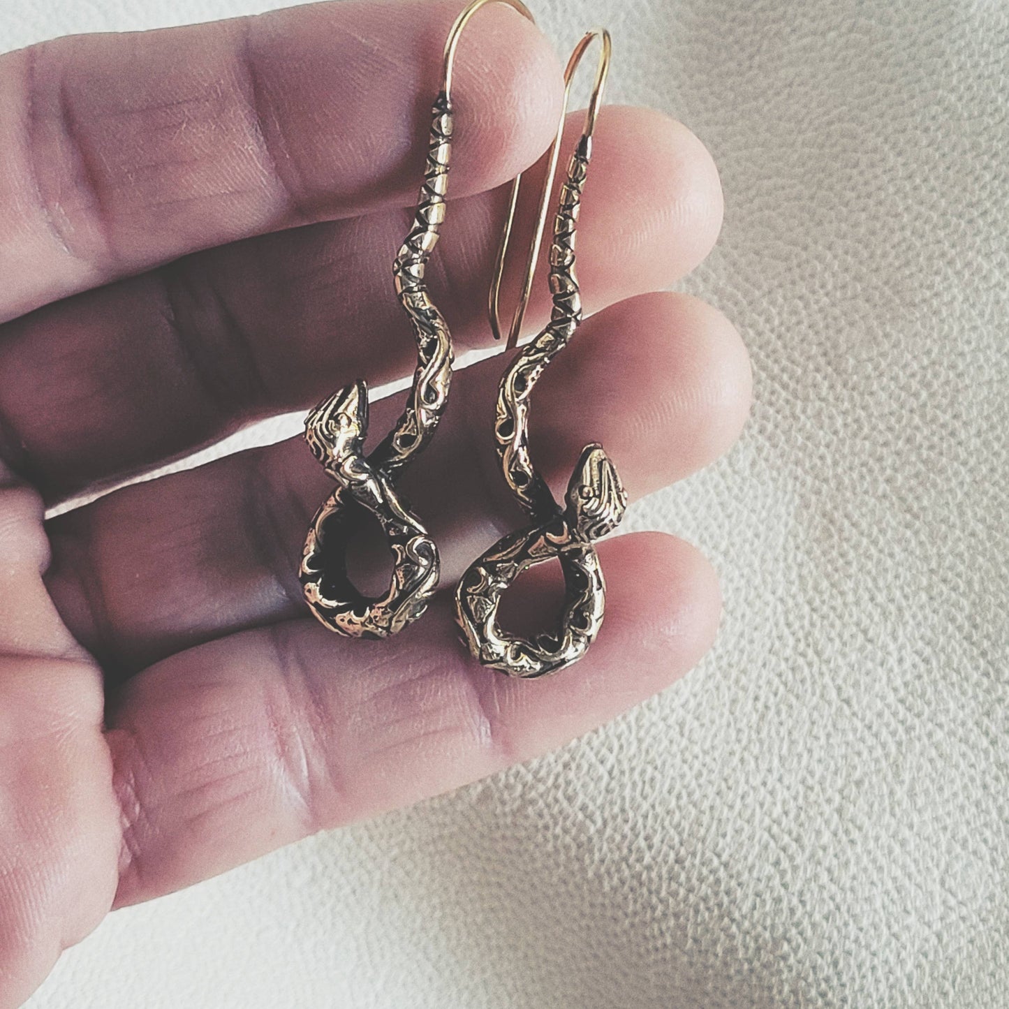 Brass serpent handmade swirl drop wire earrings