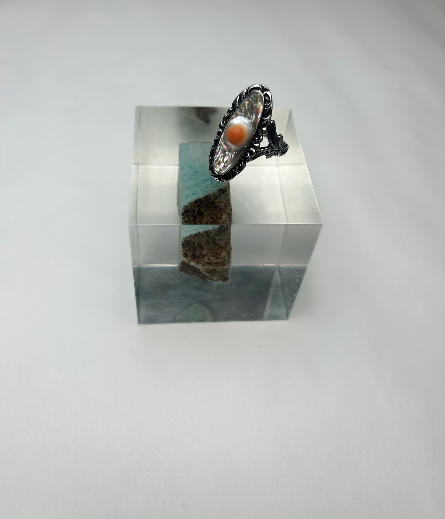 Art Nouveau Abalone Ring w Blister Pearl