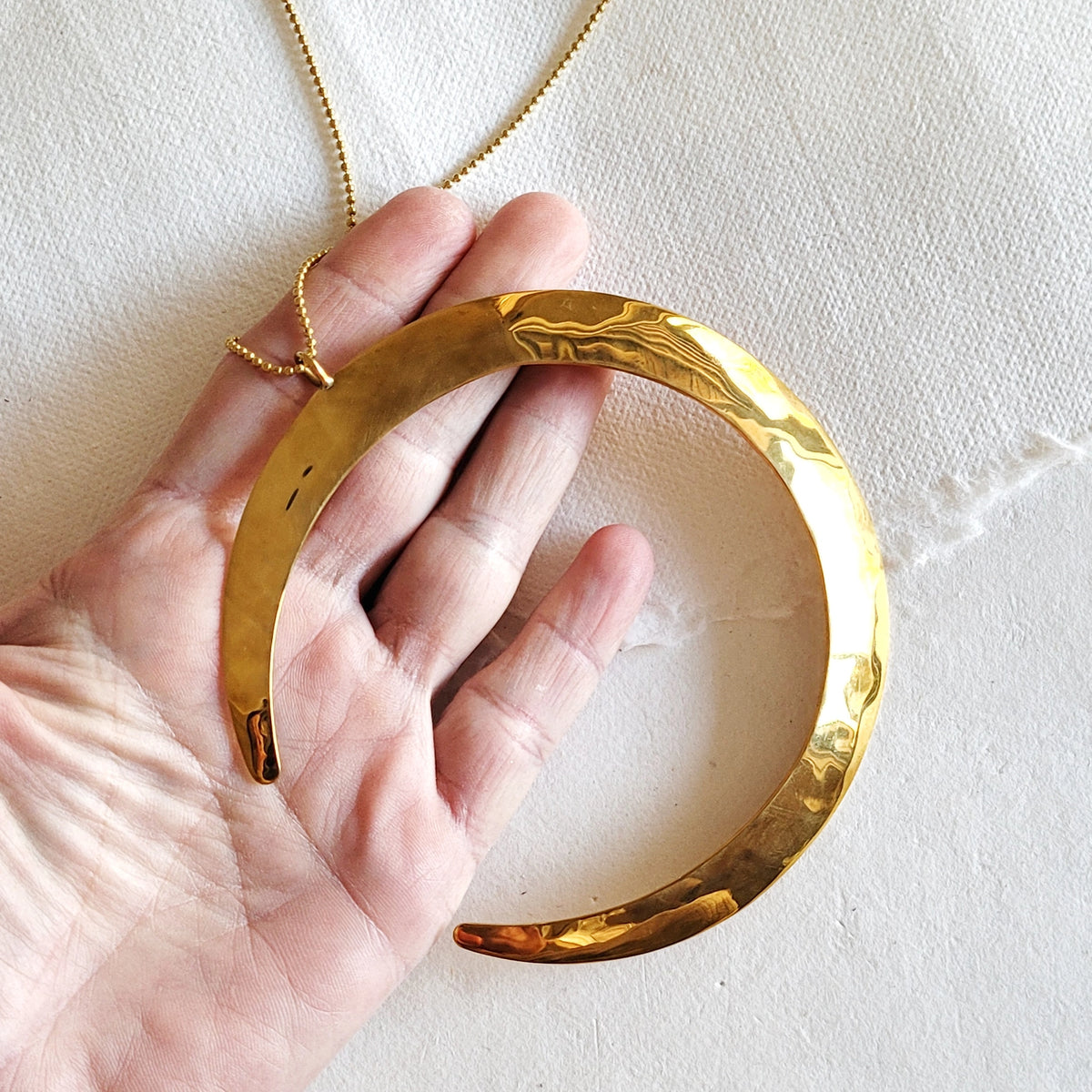 Waning Moon Large Brass Hand Hammered Brass Pendant Necklace