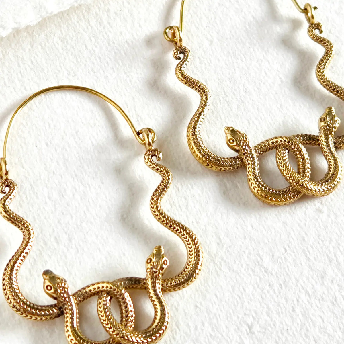 Brass Snake Serpent Hoop Earrings Handcrafted