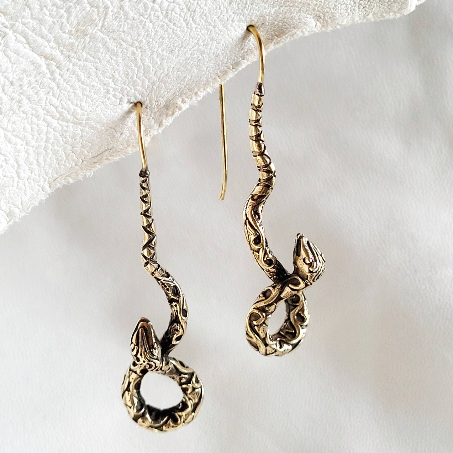 Brass serpent handmade swirl drop wire earrings