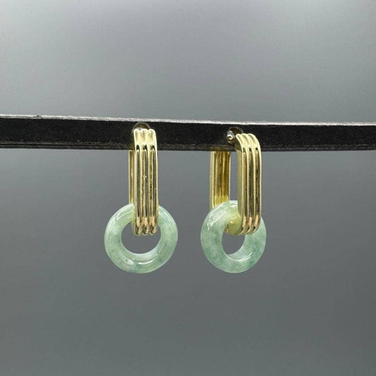 Gold Green Jade Donut Triple Line Hoops