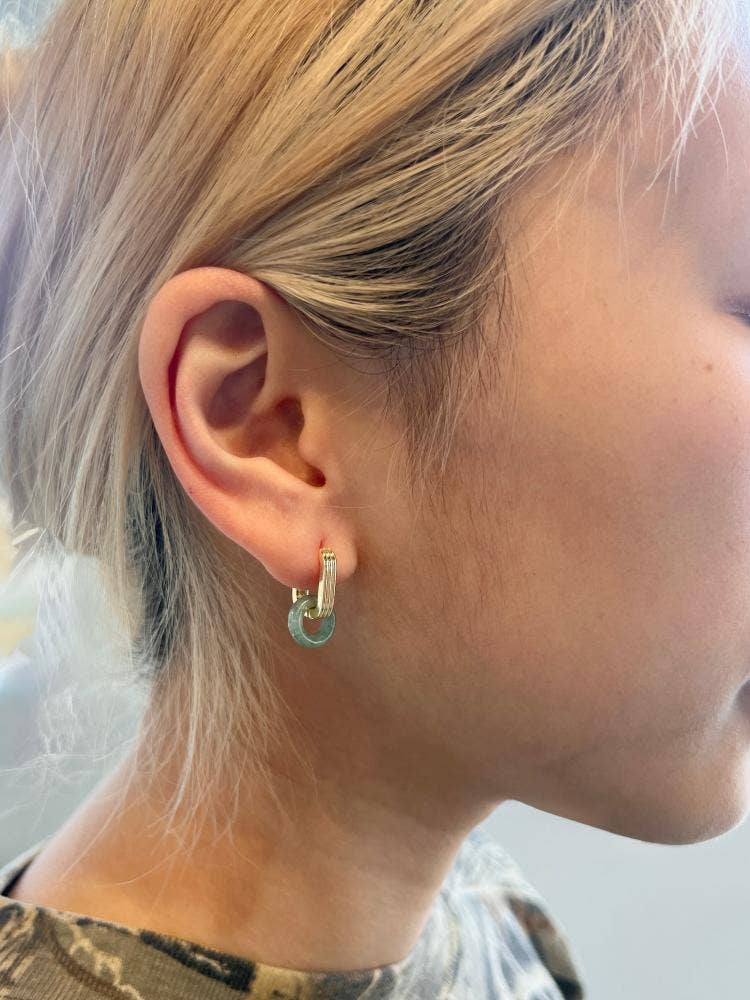 Gold Green Jade Donut Triple Line Hoops