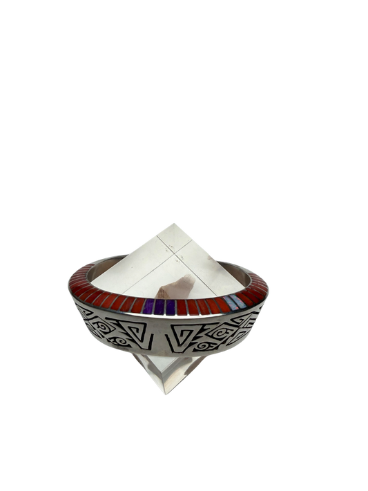 Coral Inlay Storyteller Bracelet, Navajo - Lonn Parker