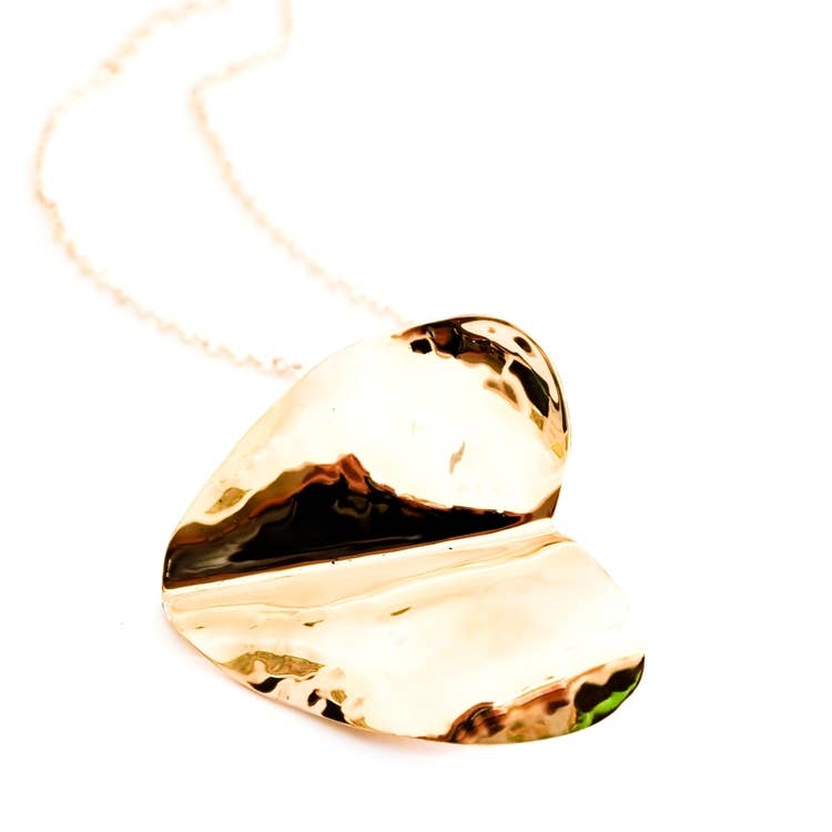 Crushed brass large Beaten Heart Pendant necklace