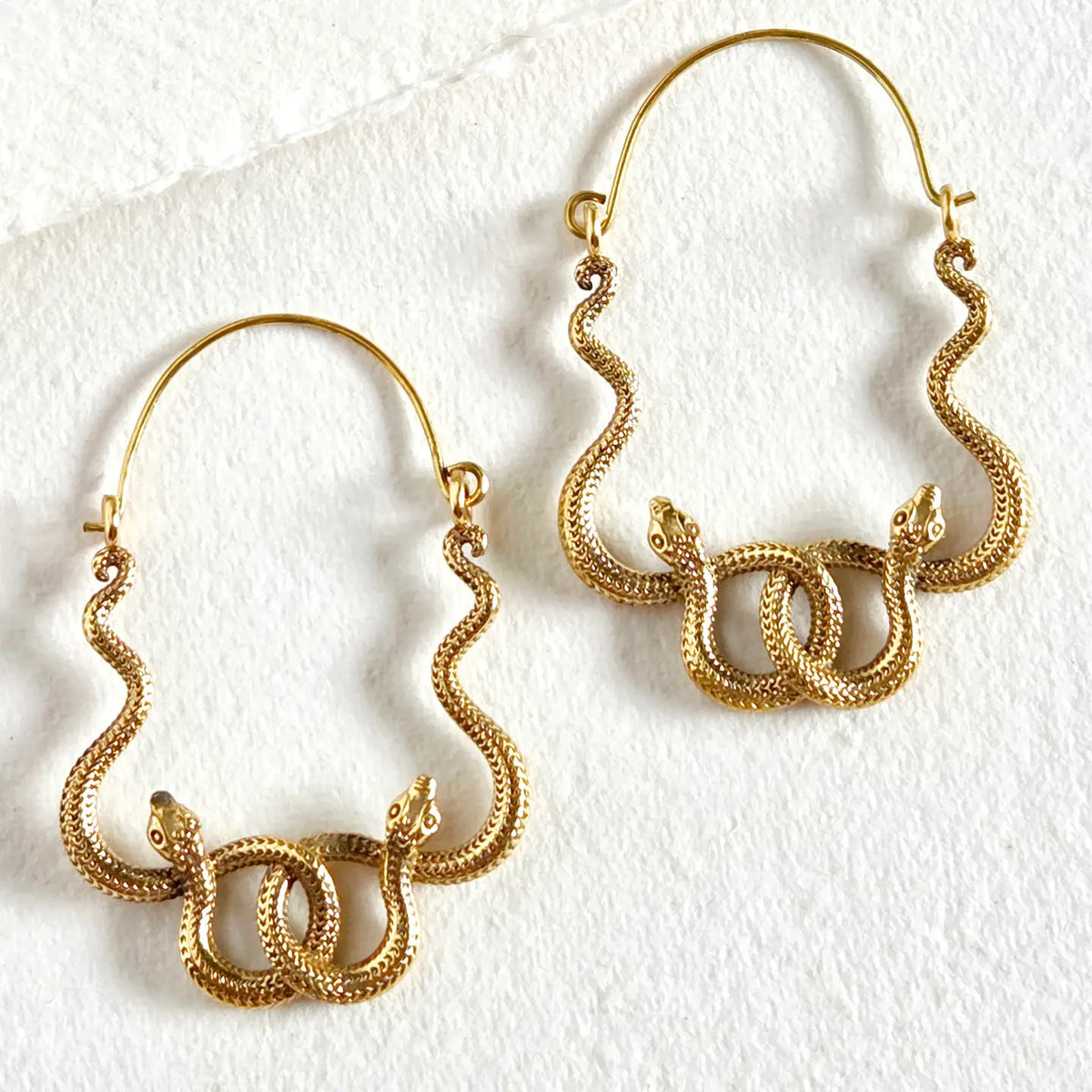 Brass Snake Serpent Hoop Earrings Handcrafted