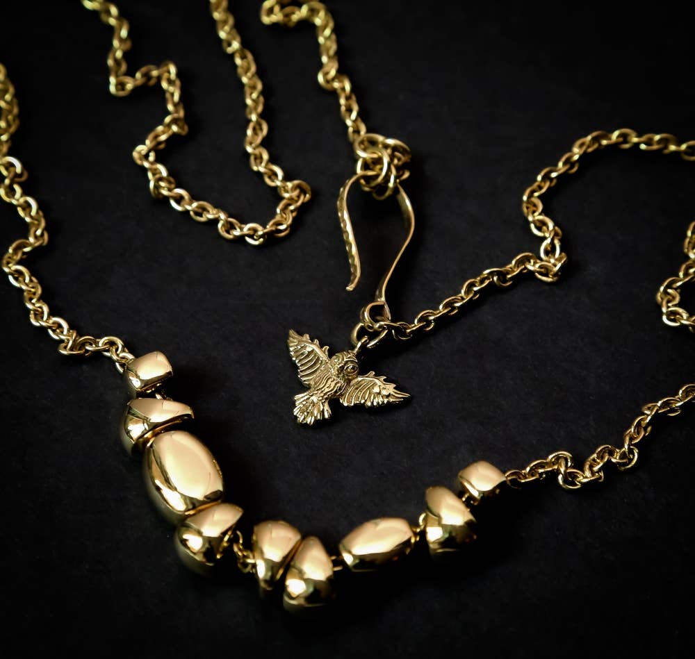 Bisjoux brass link Pebbles long Chain necklace owl charmn