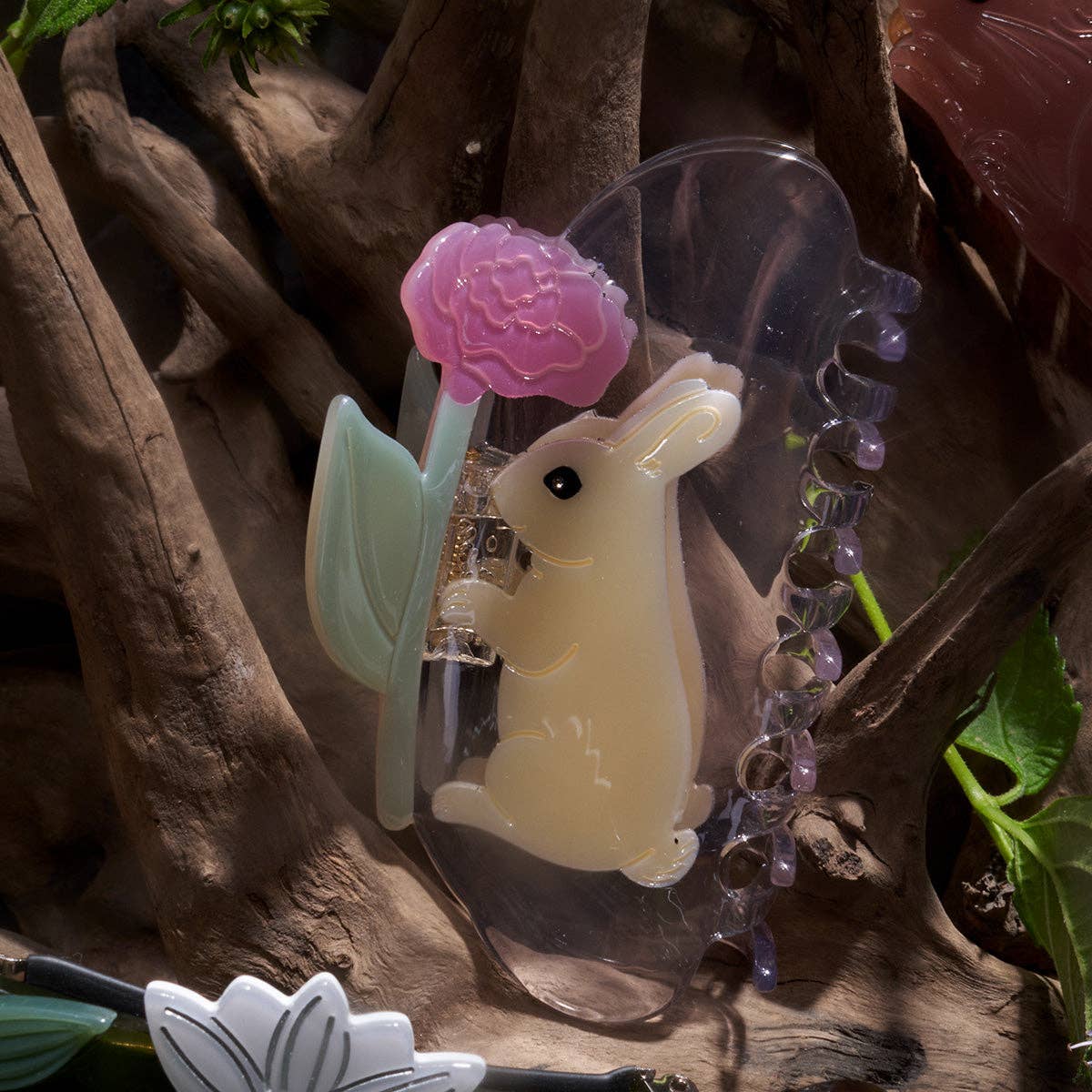Cream Bunny Rabbit with Pink Peony Flower Acetate Hair Claw