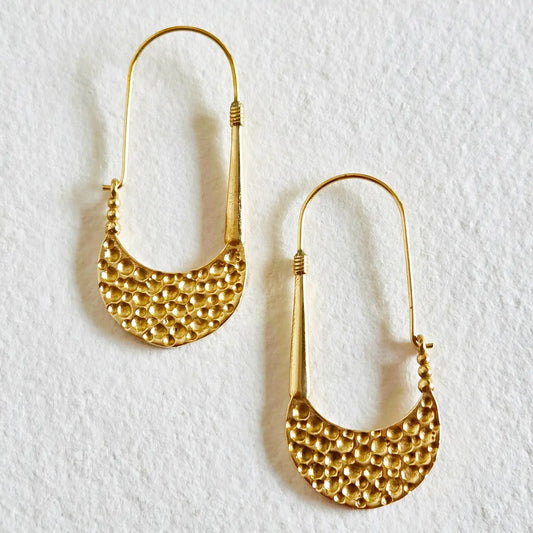 Brass Hammered Pendant Hoop Earrings Double Faced Design