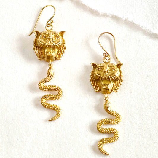 Brass snake lion serpent dangle earrings handcrafted