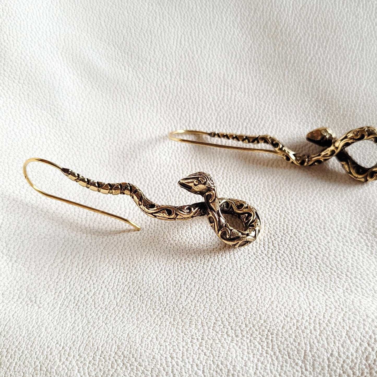 Brass serpent handmade swirl drop wire earrings