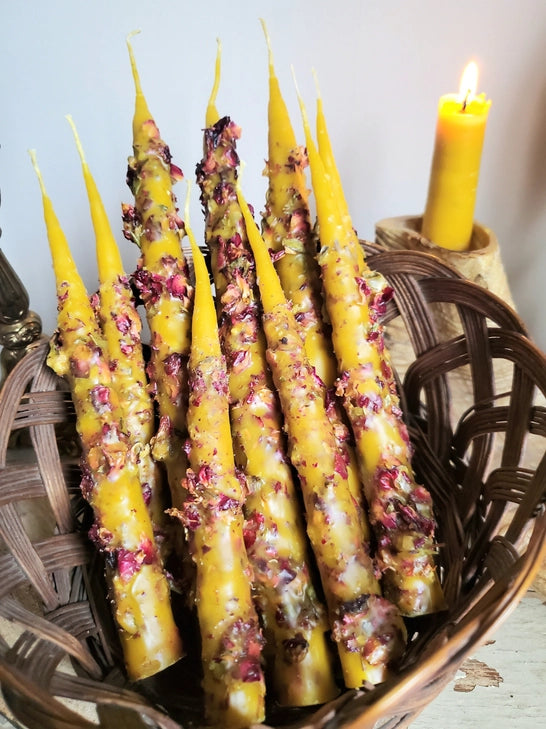 Hand Dipped Beeswax Taper Candle with Rose Petals