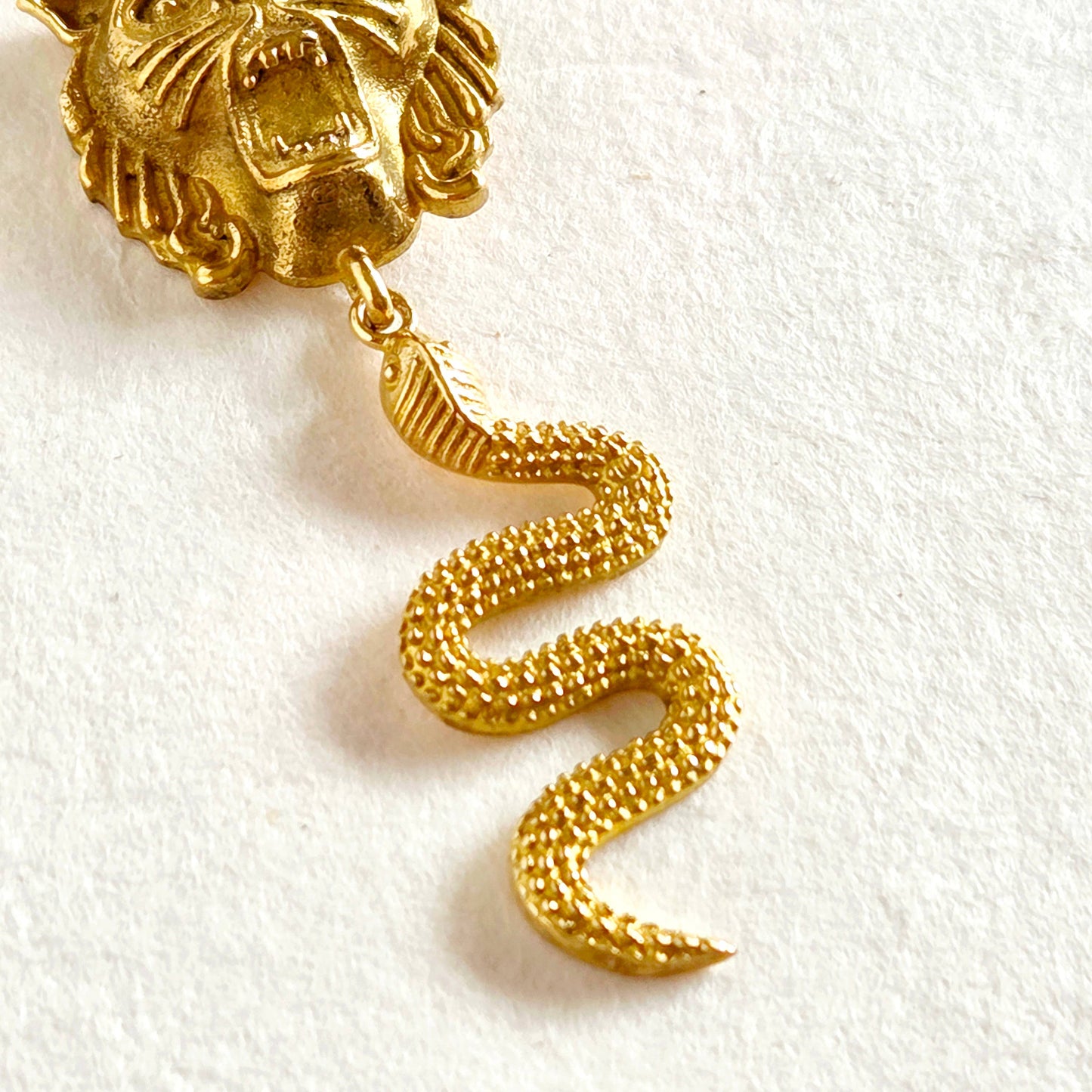 Brass snake lion serpent dangle earrings handcrafted