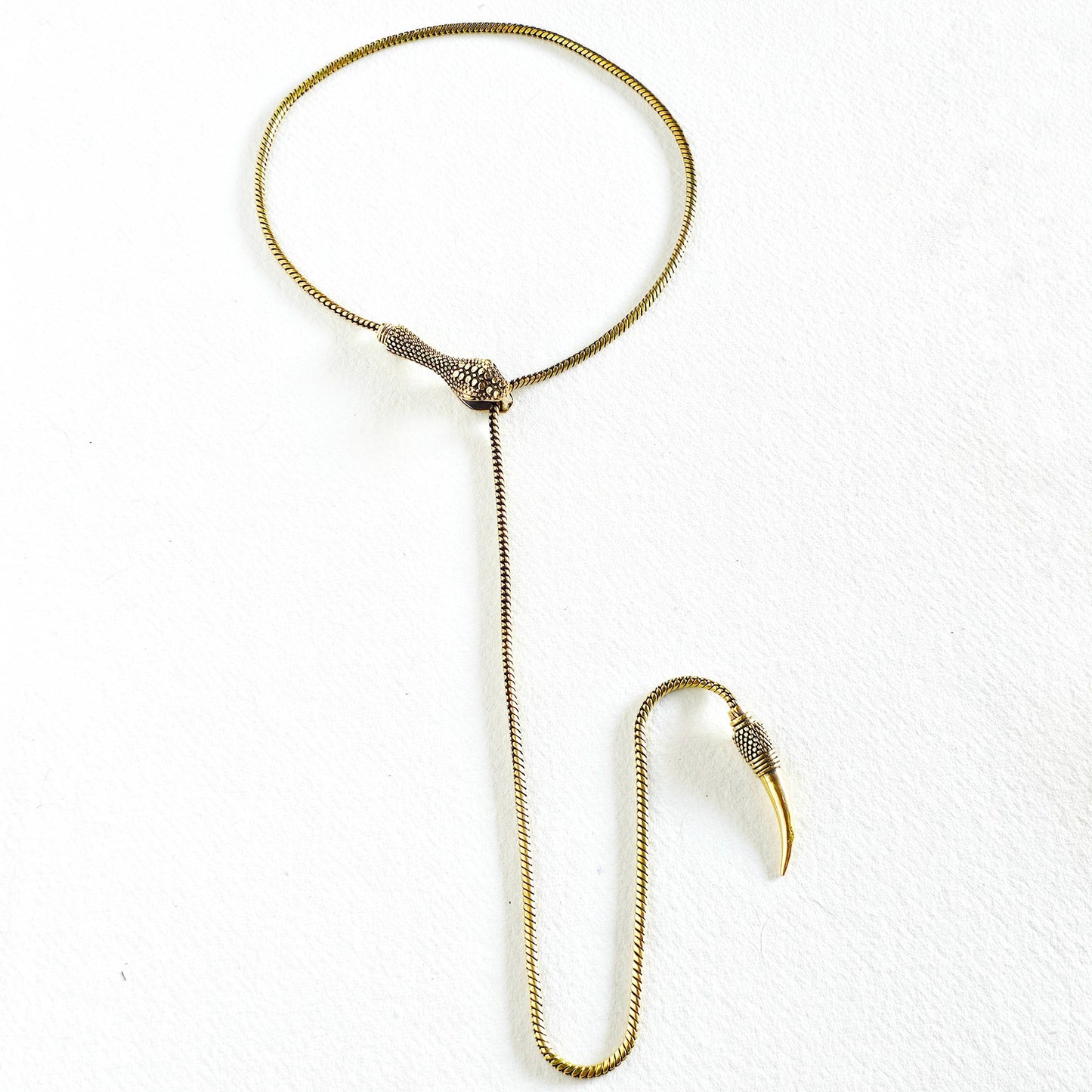 Brass snake chain serpent lariat long necklace