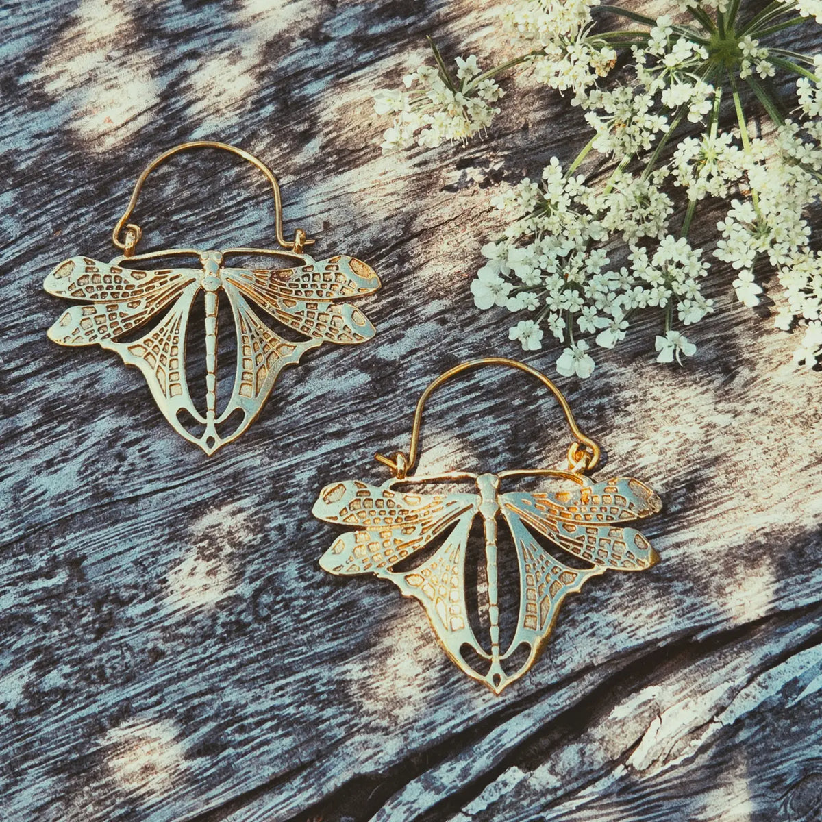 Brass Dragonfly Butterfly Hoop Earrings Handcrafted