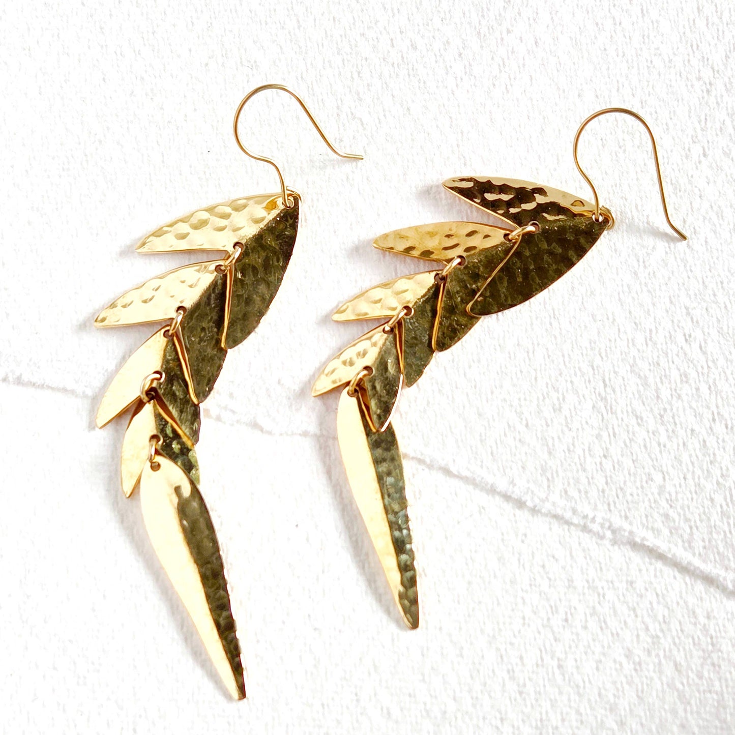 Hammered brass chandelier long leaf earrings Bisjoux