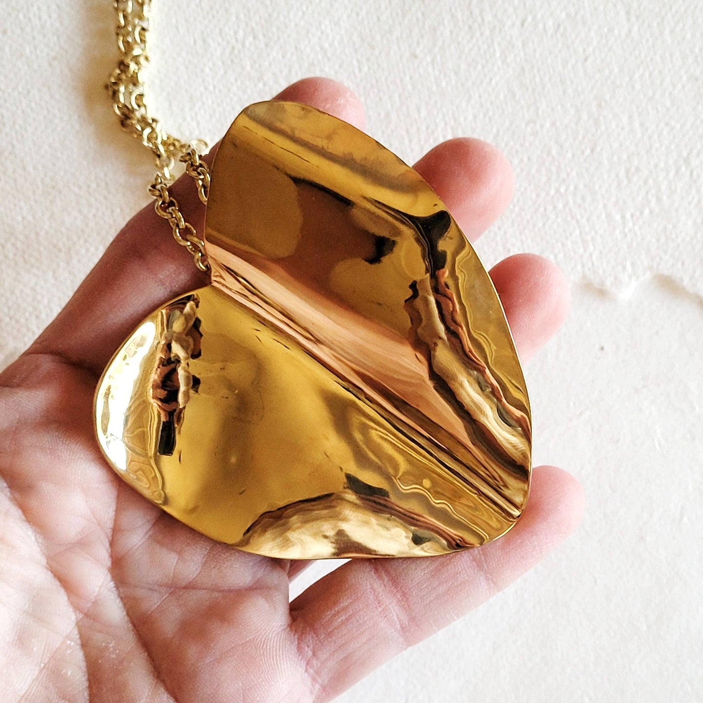 Crushed brass large Beaten Heart Pendant necklace