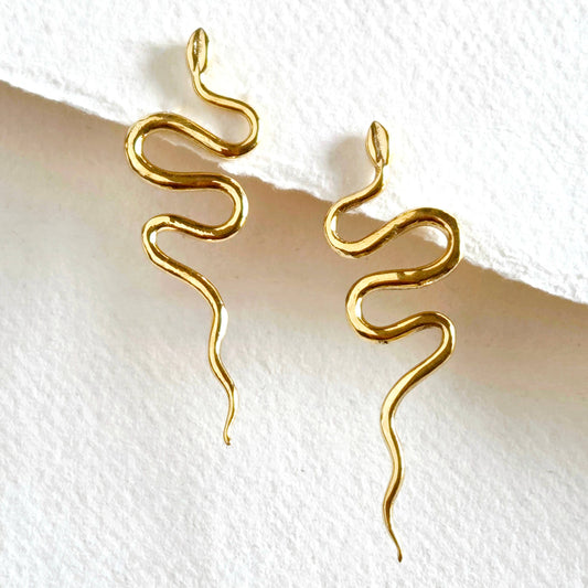 Brass or silver snake serpent handmade swirl drop earrings
