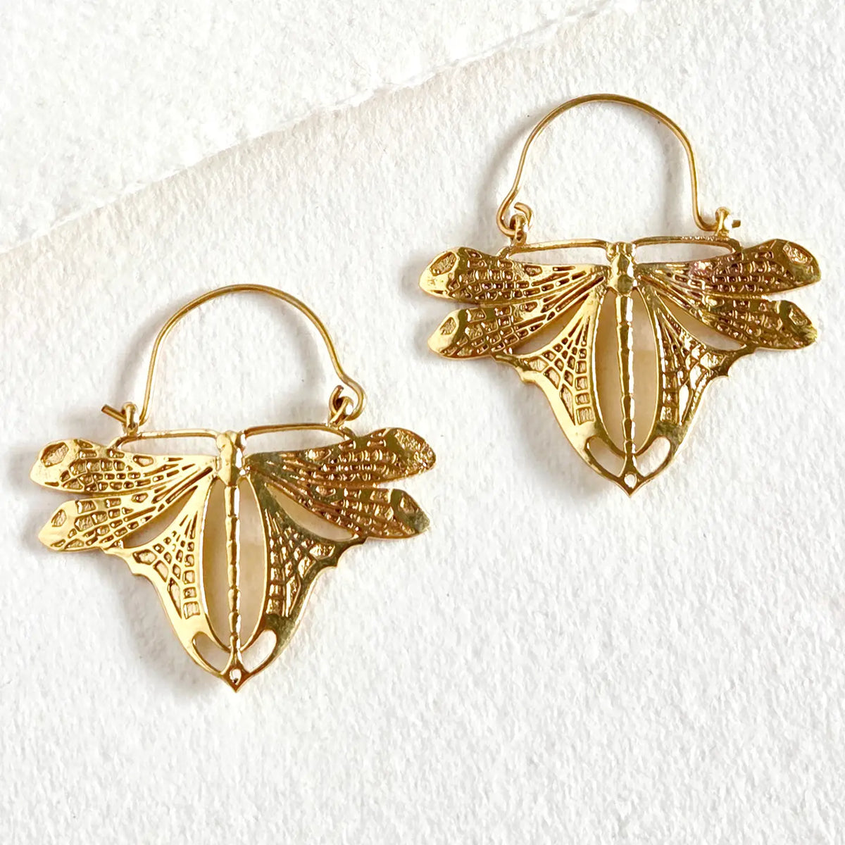 Brass Dragonfly Butterfly Hoop Earrings Handcrafted