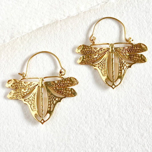 Brass Dragonfly Butterfly Hoop Earrings Handcrafted