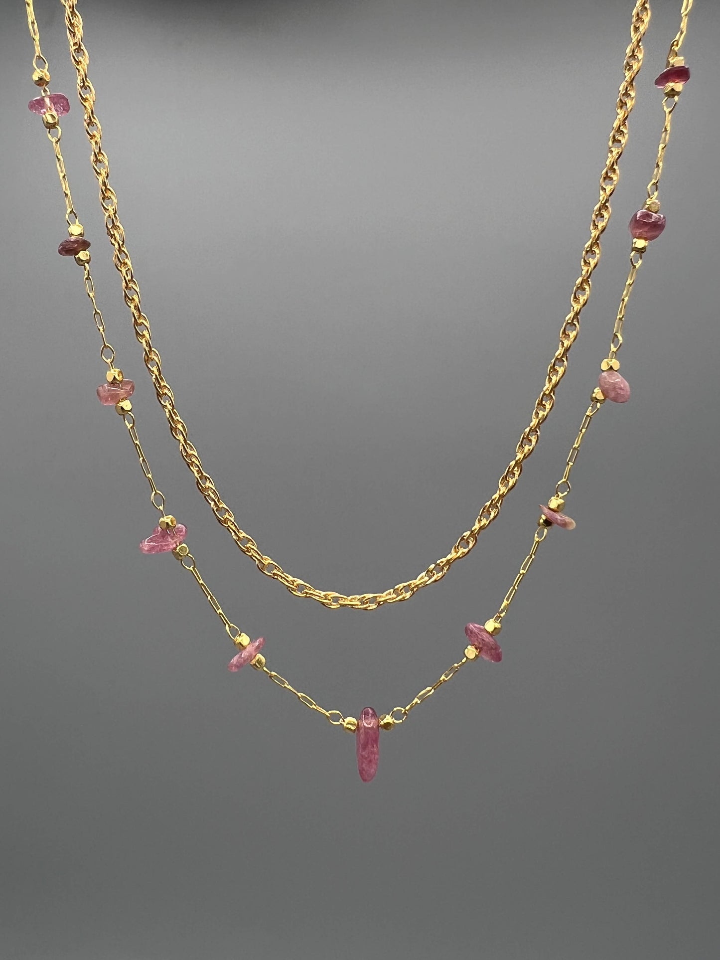 Gold Mixed Pink Tourmaline Link Necklace