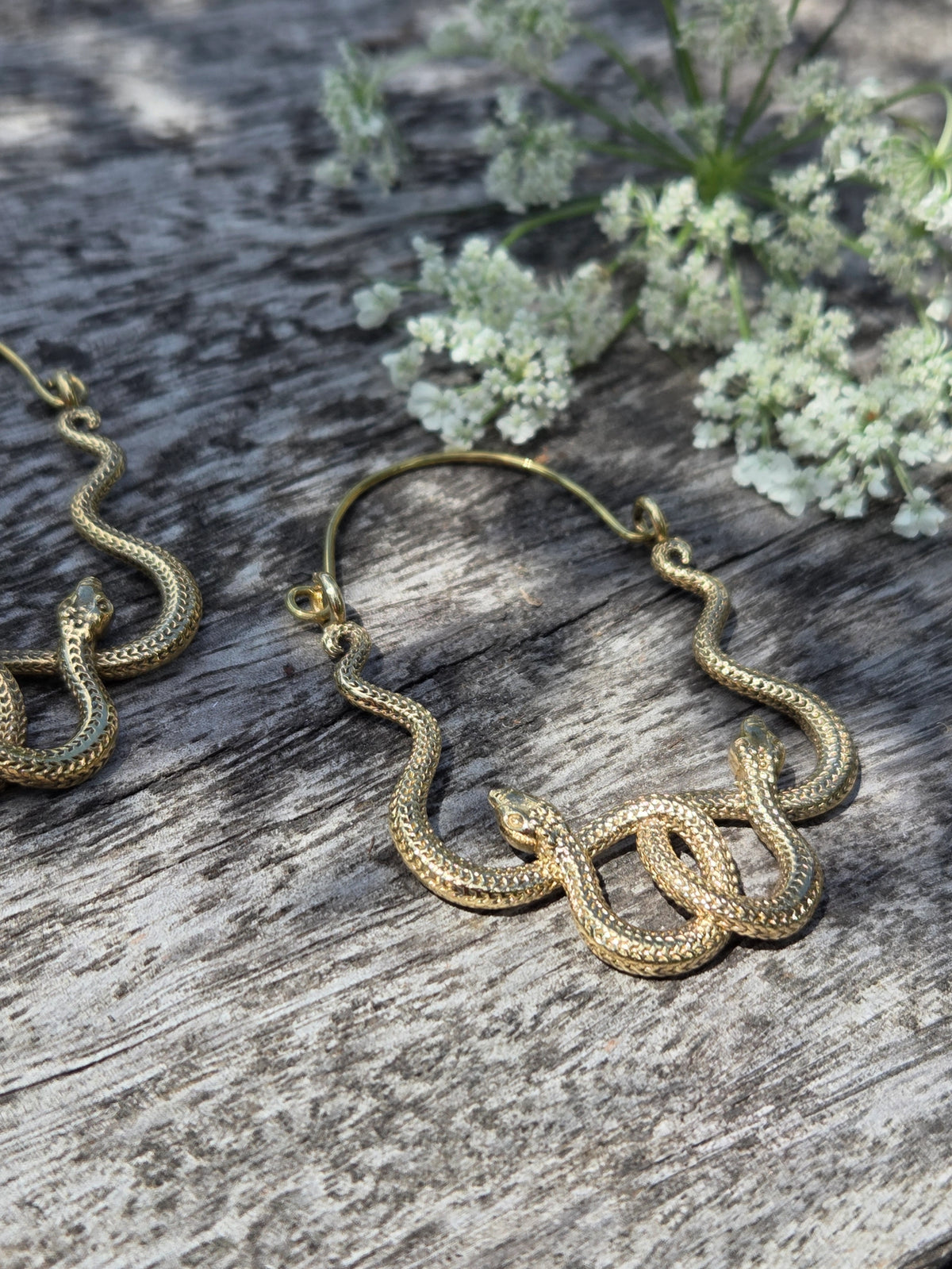 Brass Snake Serpent Hoop Earrings Handcrafted