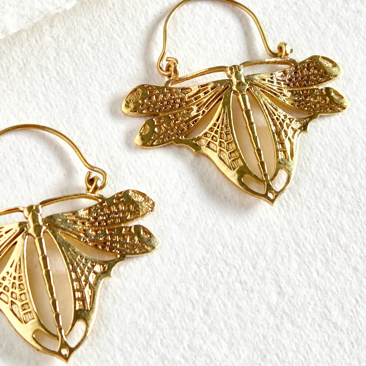 Brass Dragonfly Butterfly Hoop Earrings Handcrafted