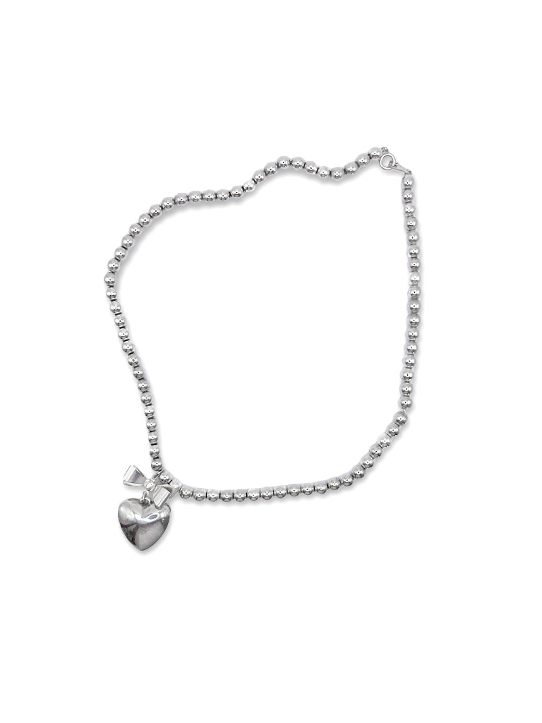 Sterling Silver Ball Chain with Heart and Bow Pendant