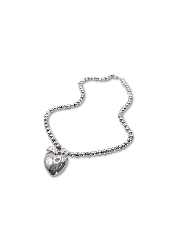 Sterling Silver Ball Chain with Heart and Bow Pendant