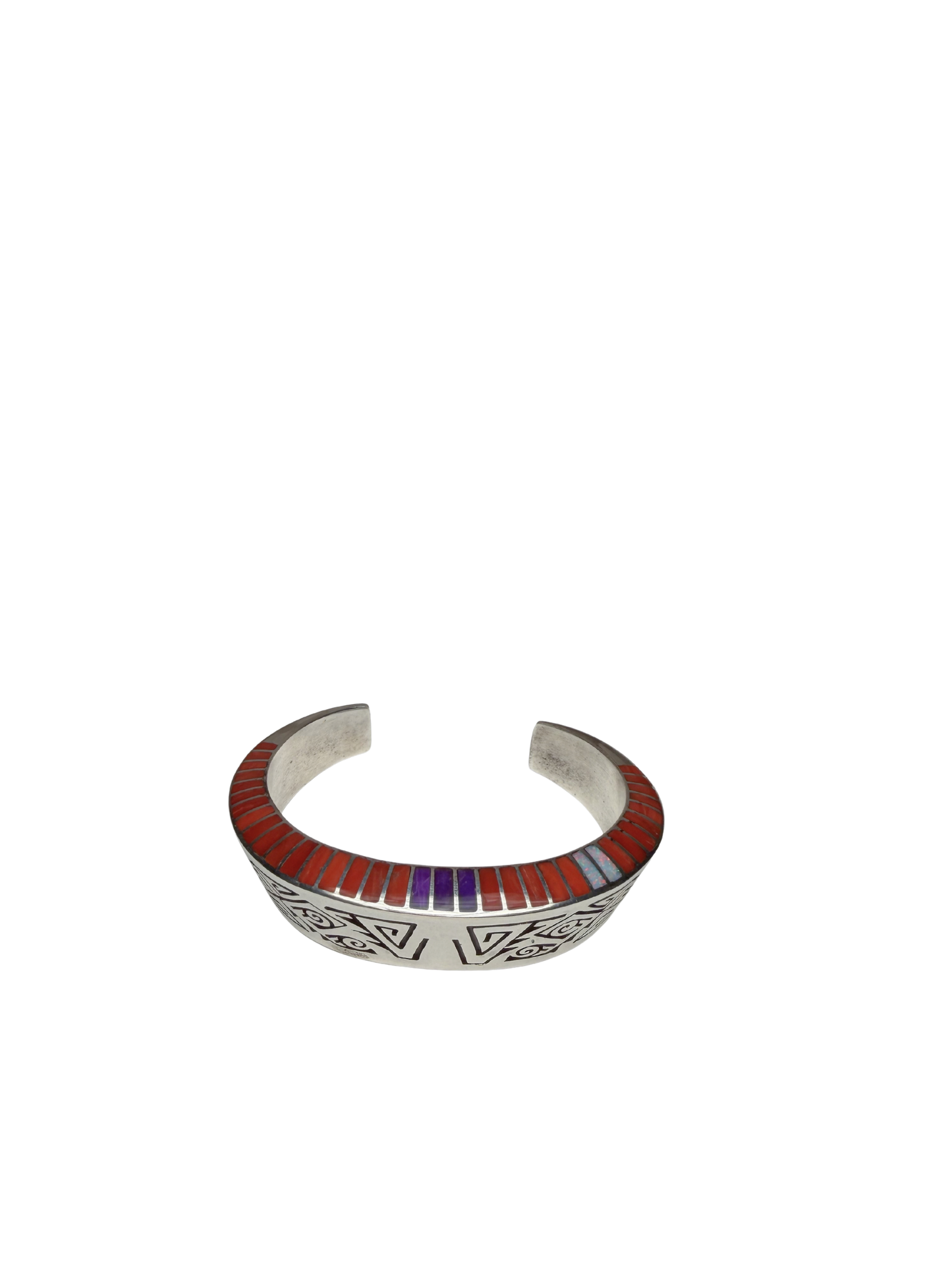 Coral Inlay Storyteller Bracelet, Navajo - Lonn Parker