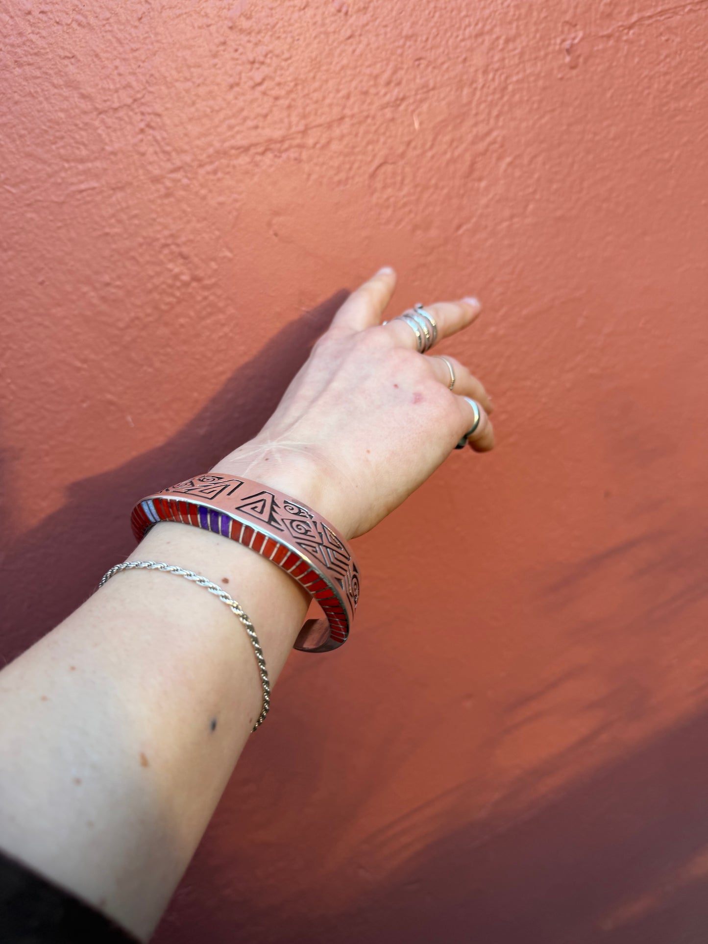 Coral Inlay Storyteller Bracelet, Navajo - Lonn Parker