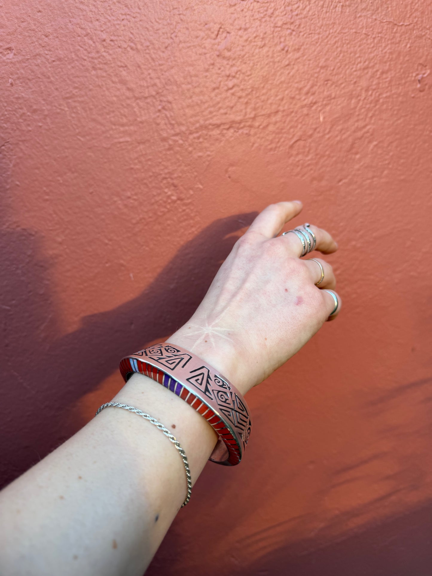 Coral Inlay Storyteller Bracelet, Navajo - Lonn Parker