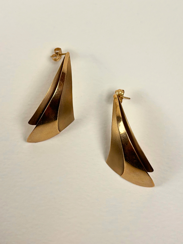 14K Matte and Polish Signed Long Triangle Earrings