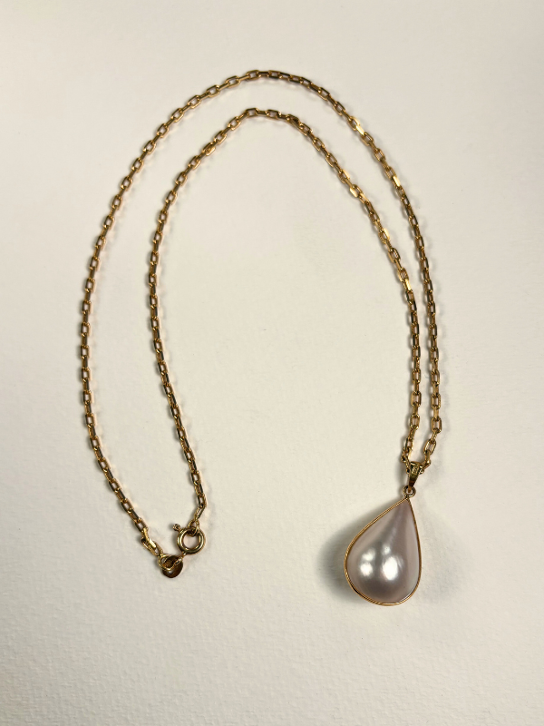 Japanese Teardrop Pearl 18K Pendant with 21” 14K Brick Chain