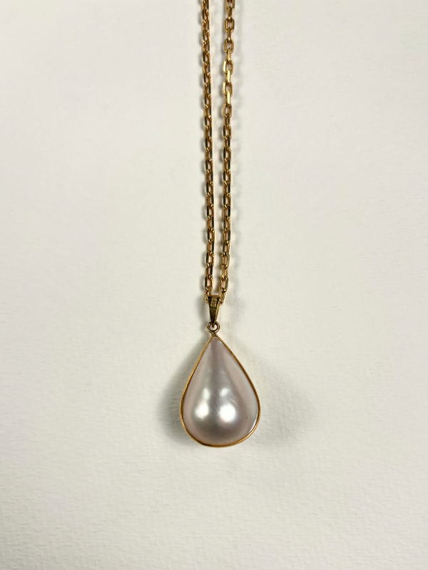 Japanese Teardrop Pearl 18K Pendant with 21” 14K Brick Chain