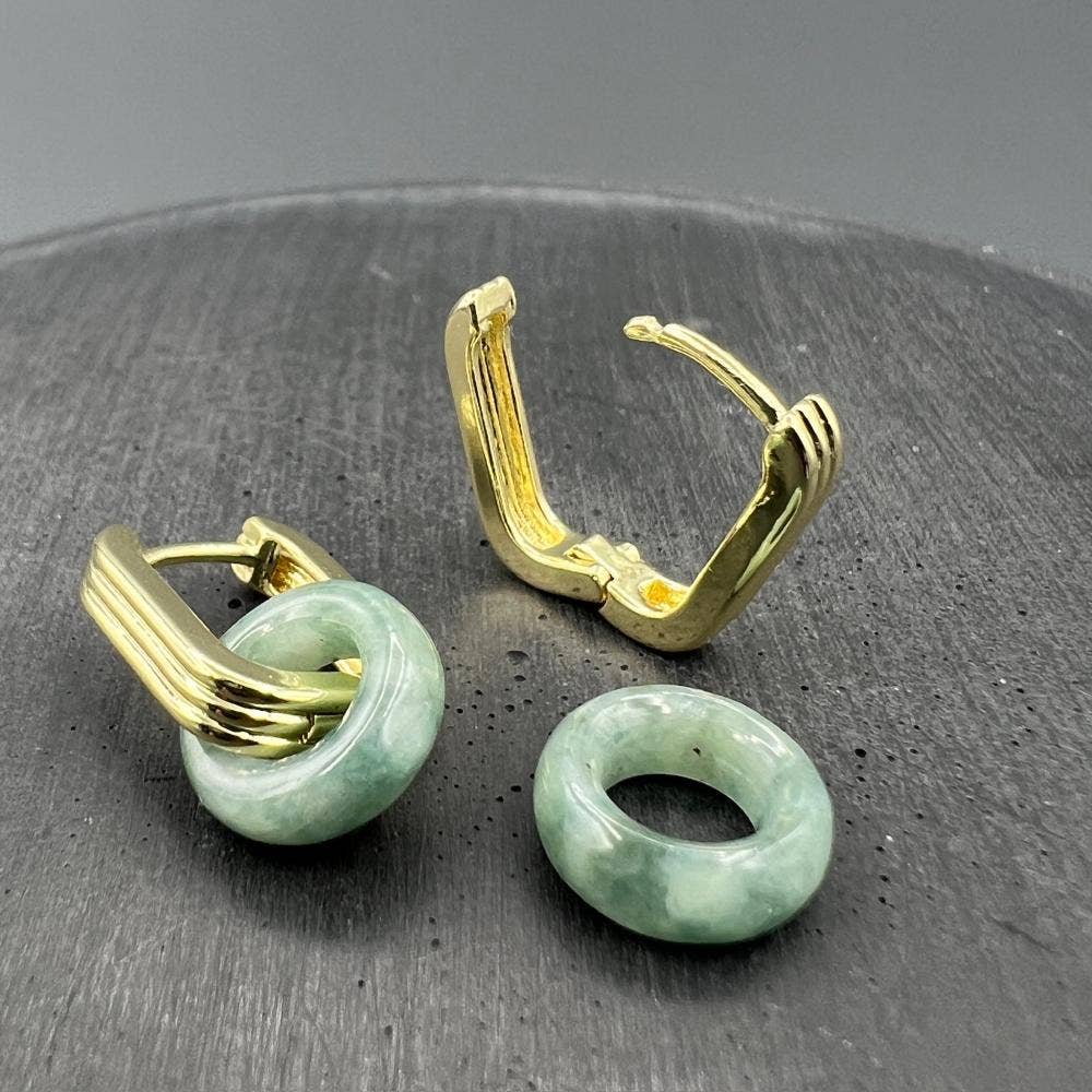 Gold Green Jade Donut Triple Line Hoops