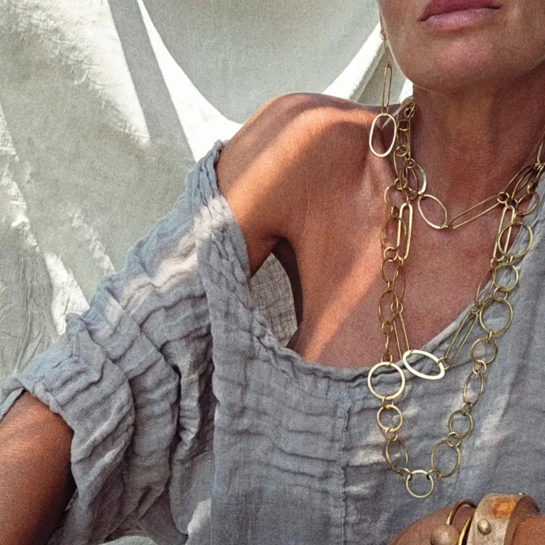 Brass Chain Link Necklace Geometric Oval Handmade