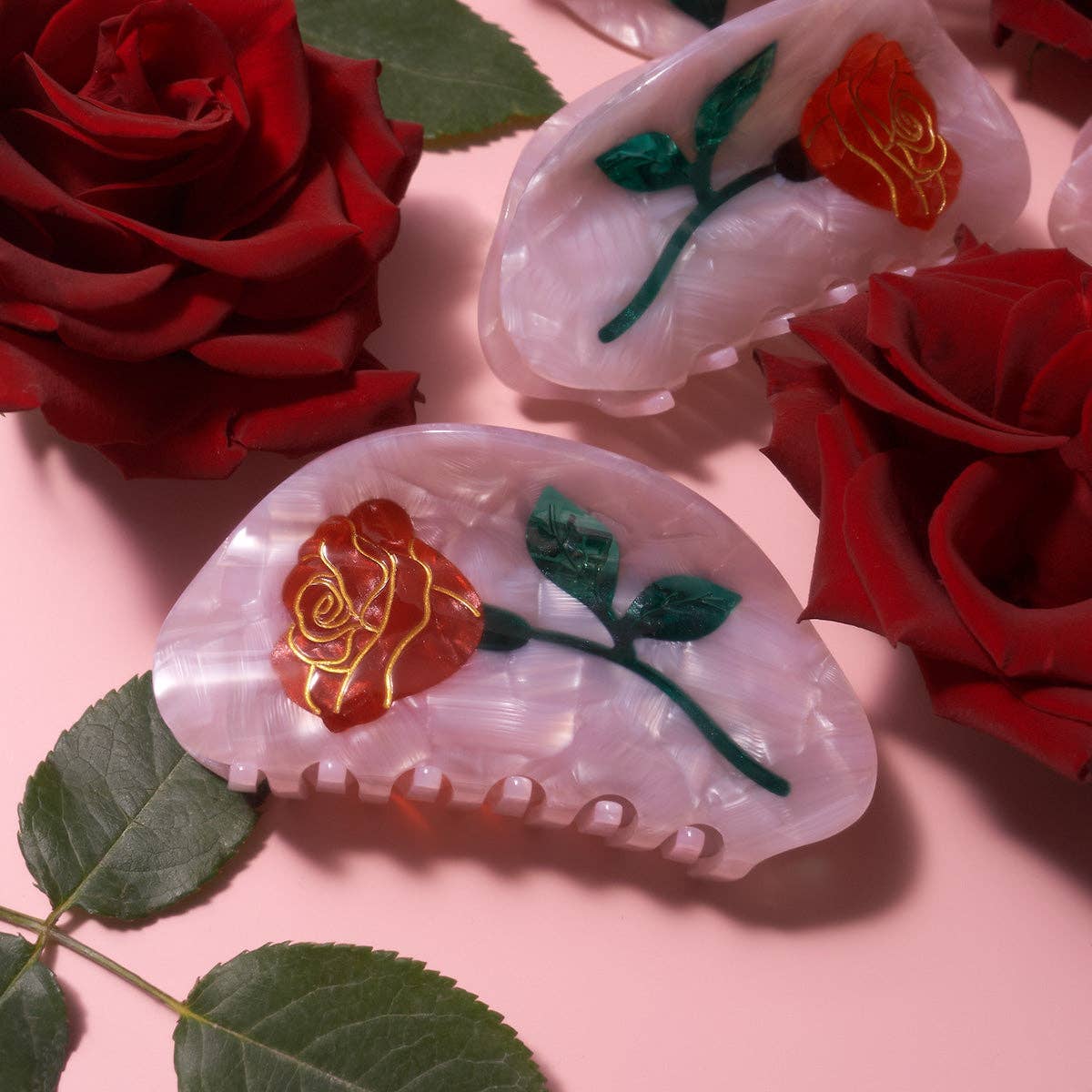 Women's Belle Pink Single Red Rose Acetate Hair Claw