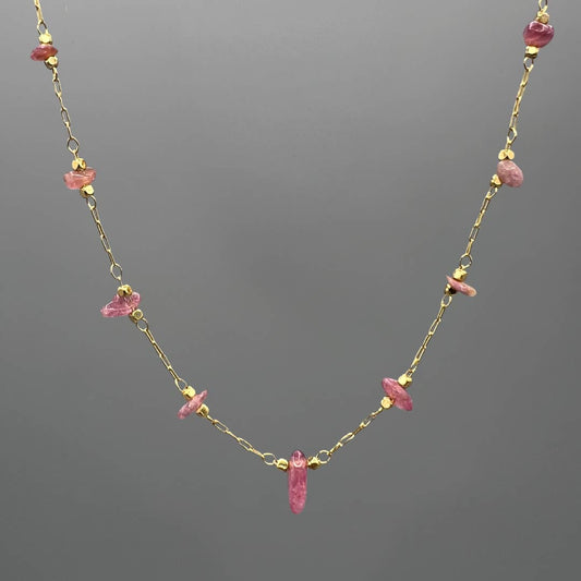 Gold Mixed Pink Tourmaline Link Necklace