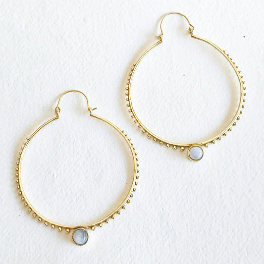 Brass Large Hoop Earrings Turquoise Onyx Moonstone