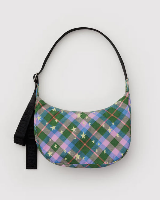 Medium Nylon Crescent Bag - Green Star Plaid
