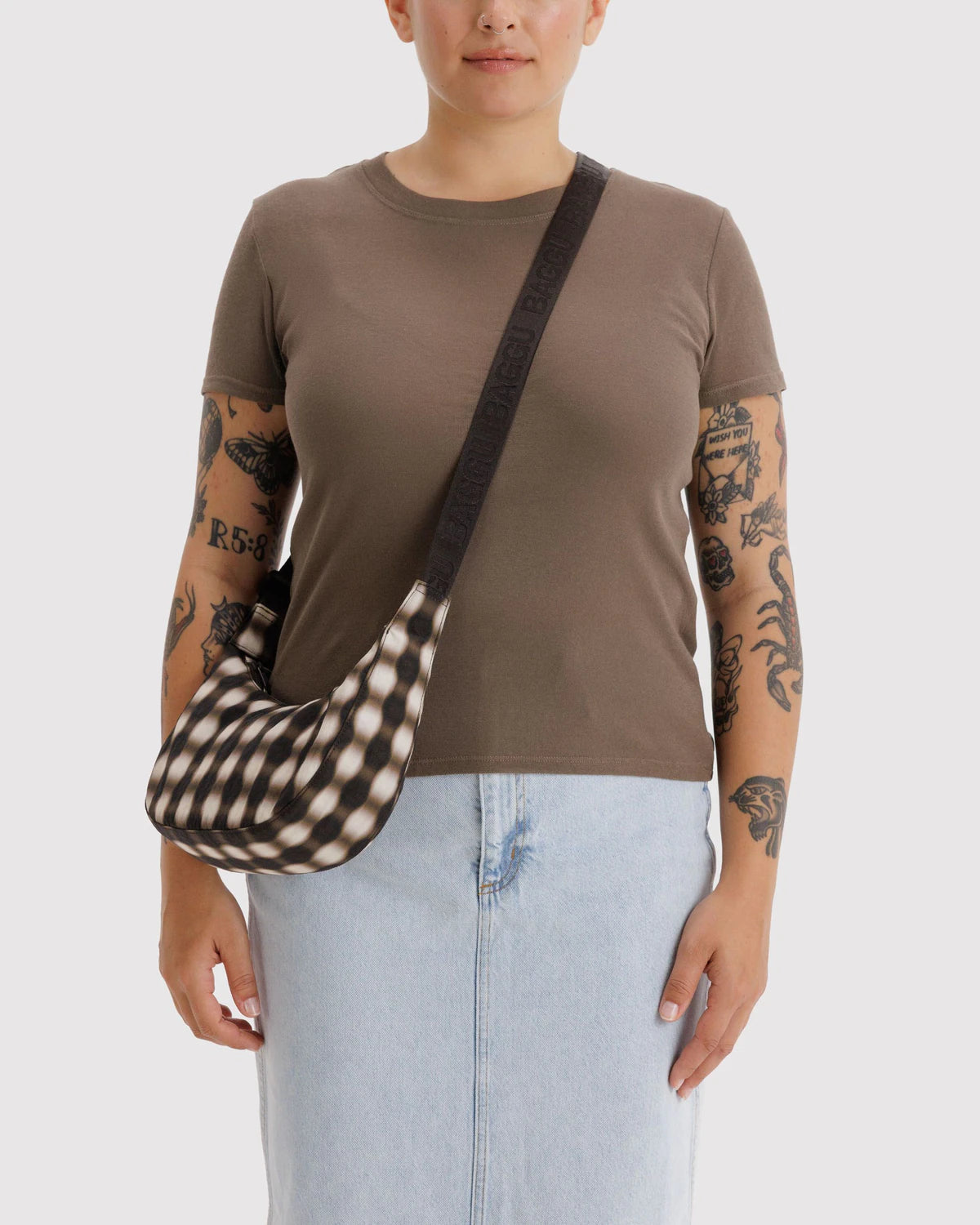 Medium Nylon Crescent Bag - Blurred Gingham Brown