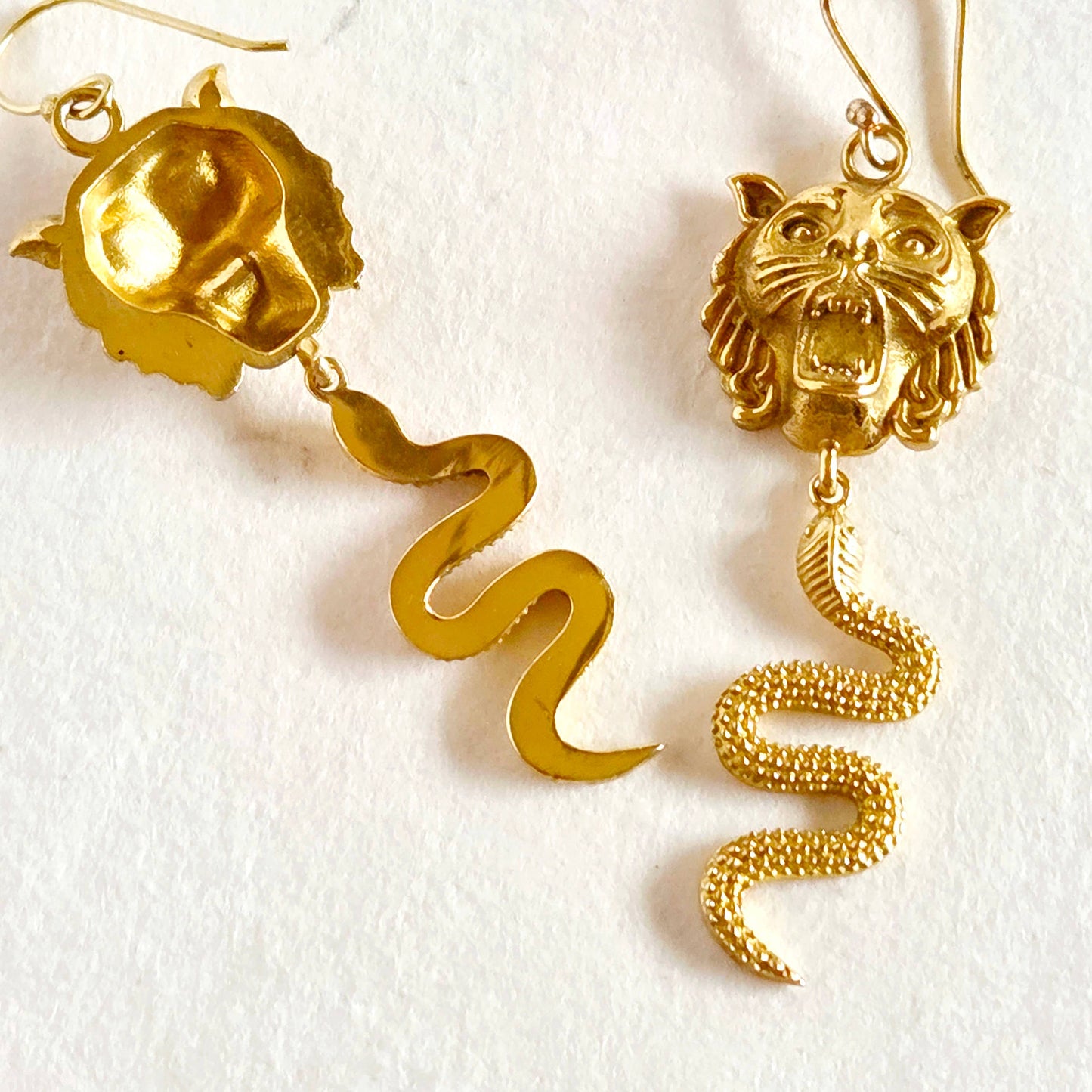 Brass snake lion serpent dangle earrings handcrafted