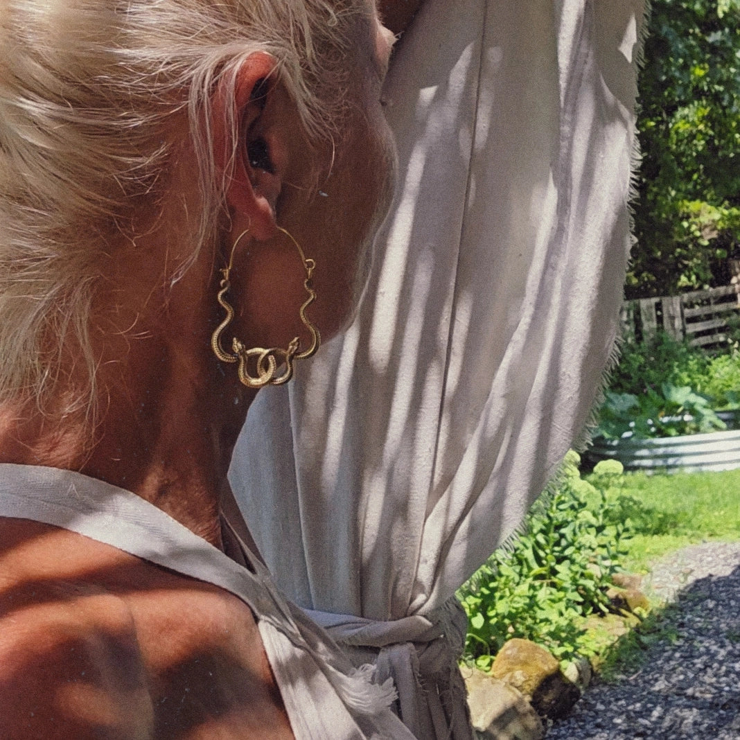 Brass Snake Serpent Hoop Earrings Handcrafted