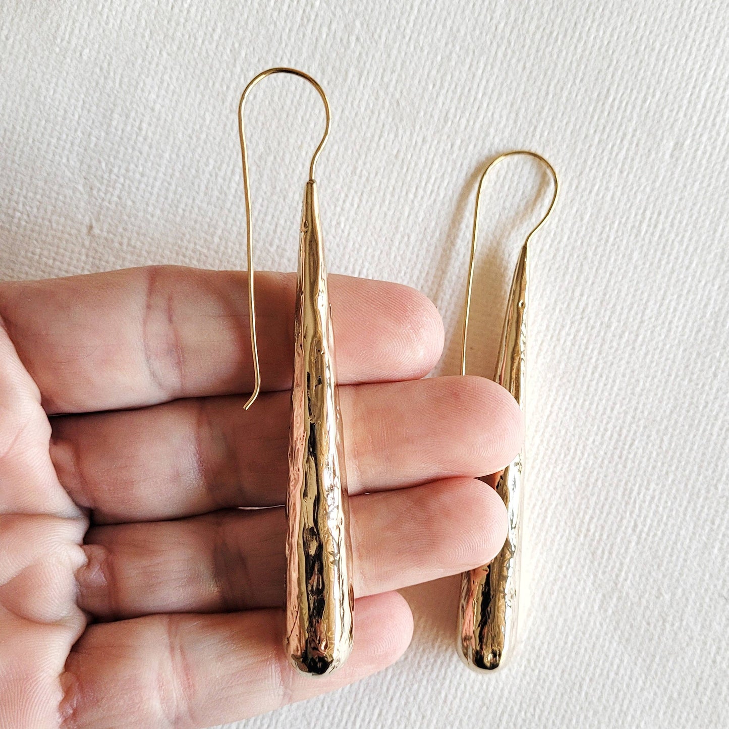 Handcrafted teardrop long pendant earrings organic designer