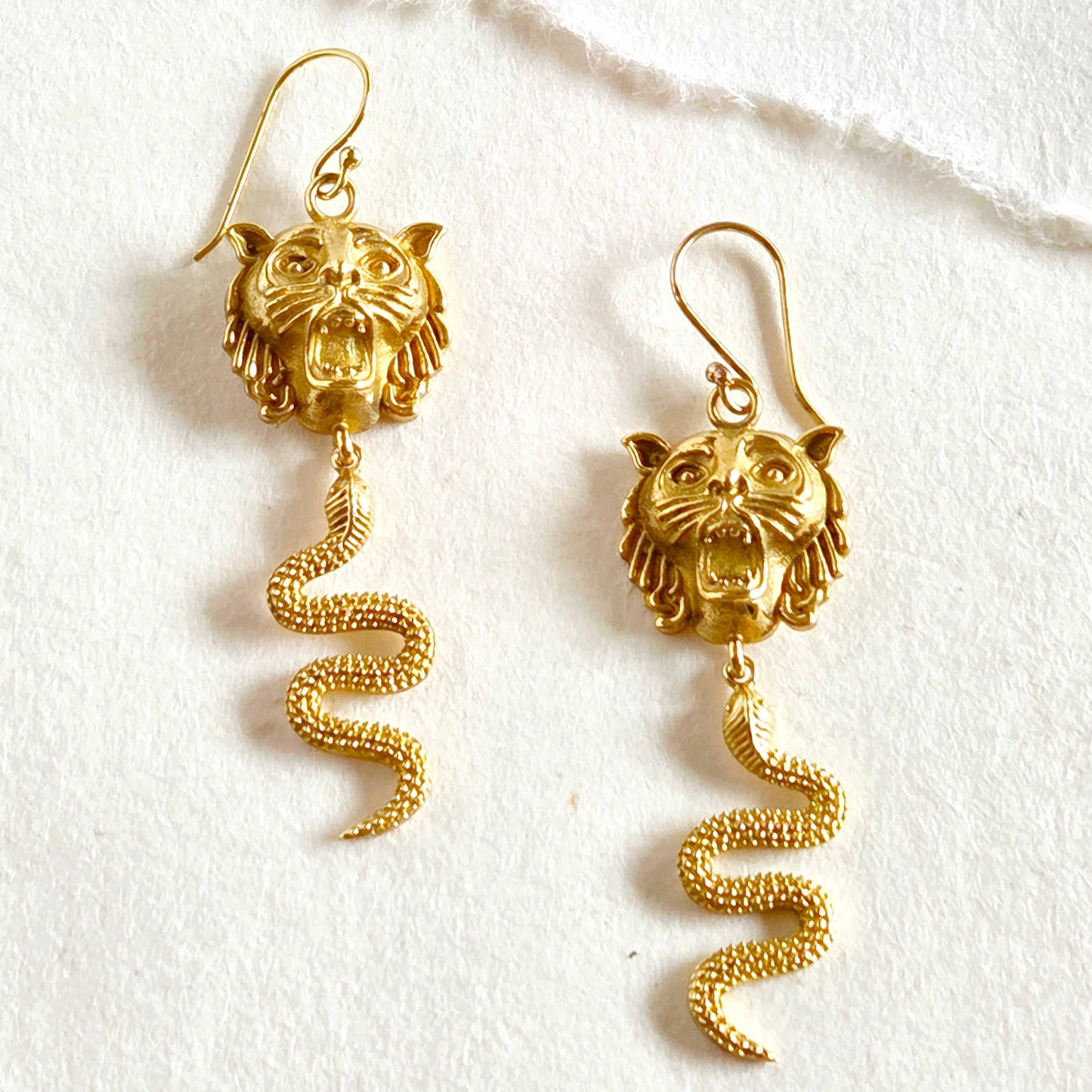 Brass snake lion serpent dangle earrings handcrafted