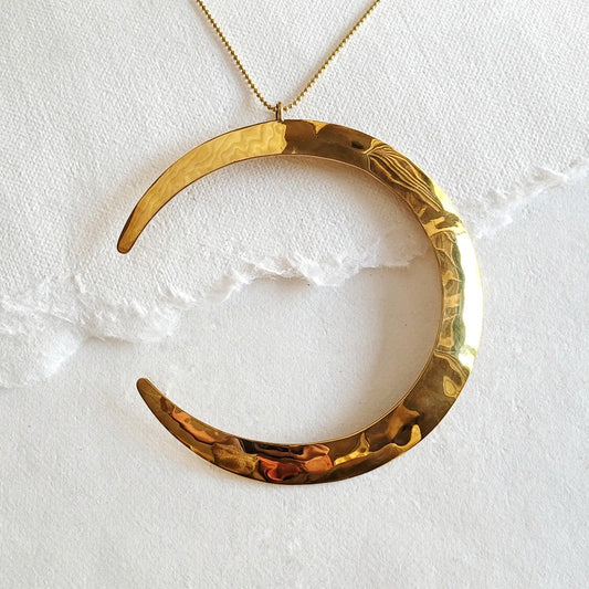 Waning Moon Large Brass Hand Hammered Brass Pendant Necklace