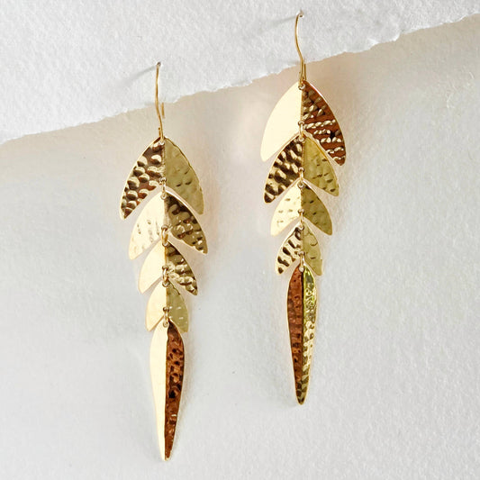 Hammered brass chandelier long leaf earrings Bisjoux