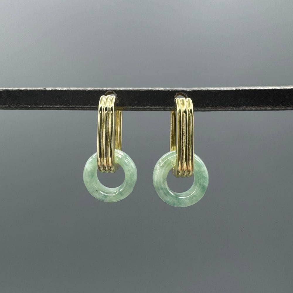 Gold Green Jade Donut Triple Line Hoops
